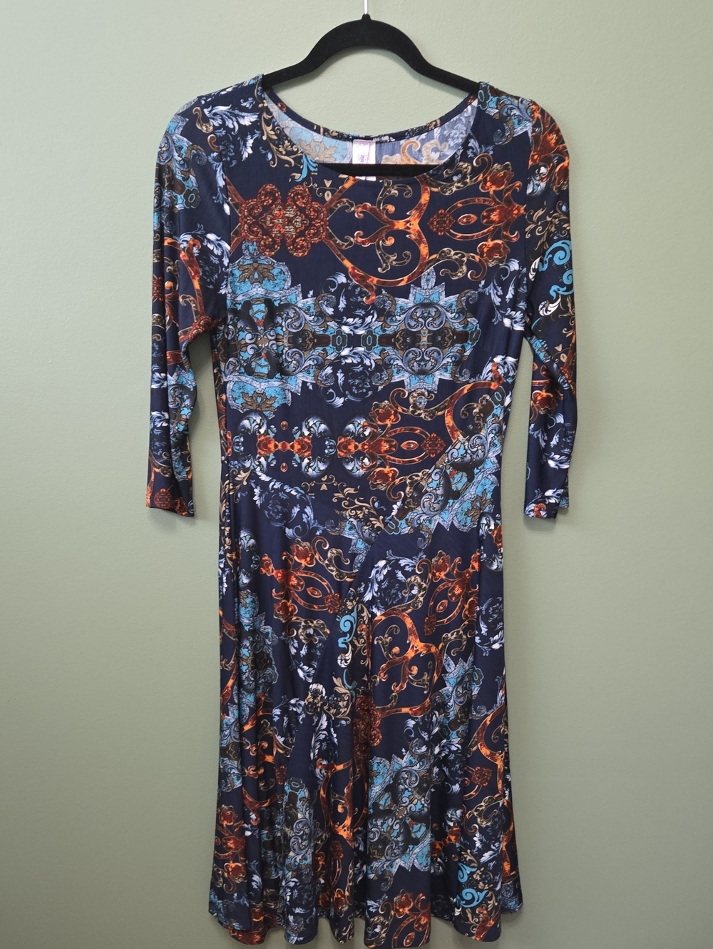 Purple Rain Navy Paisley-Print Long Sleeve Midi Dress Sz M